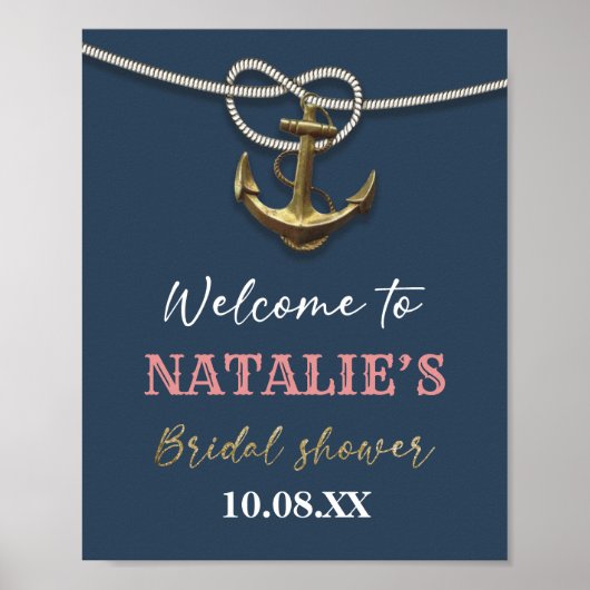 Navy Blue Nautical Gold Anchor Rope Brautparty Poster (Vorne)
