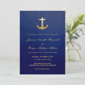 Navy Blue Nautical Imitats Goldfoil Anchor Hochzei Einladung (Stehend Vorderseite)