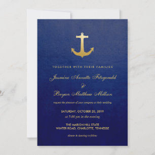 Navy Blue Nautical Imitats Goldfoil Anchor Hochzei Einladung