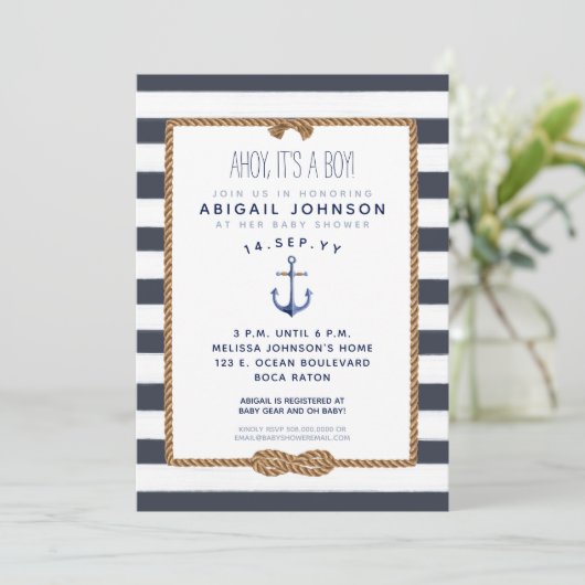 Navy Blue Nautical Infinity Knot Baby Dusche Einladung (Stehend Vorderseite)