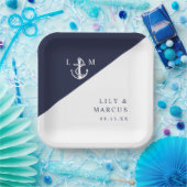 Navy Blue Nautical Minimalistisch Monogram Wedding Pappteller (Party)