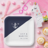 Navy Blue Nautical Minimalistisch Monogram Wedding Pappteller (Party)