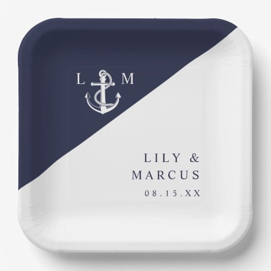 Navy Blue Nautical Minimalistisch Monogram Wedding Pappteller (Vorderseite)