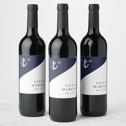 Navy Blue Nautical Modern Elegante Monogram Weddin Weinetikett (Flaschen)