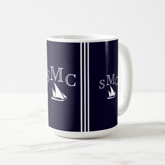 Navy Blue Nautical Monogram Sailboat Ceillampe Kaffeetasse (VorderseiteRechts)