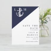 Navy Blue Nautical Monogram Wedding Foto Save The Date (Stehend Vorderseite)