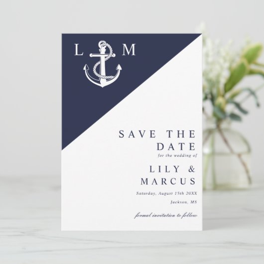 Navy Blue Nautical Monogram Wedding Foto Save The Date (Stehend Vorderseite)