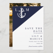 Navy Blue Nautical Monogram Wedding Foto Save The Date (Vorne/Hinten)
