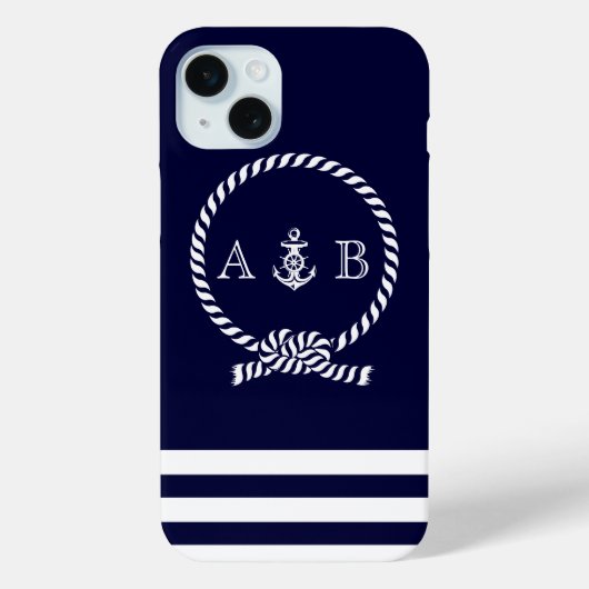 Navy Blue Nautical Rope and Anchor Mit Monogramm Case-Mate iPhone Hülle (Rückseite)