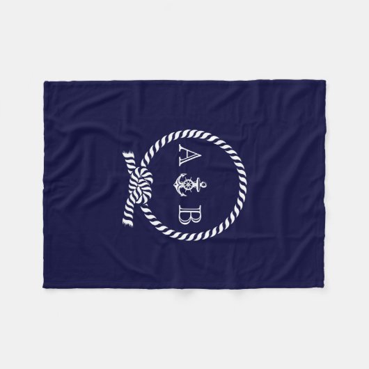 Navy Blue Nautical Rope and Anchor Mit Monogramm Fleecedecke (Vorderseite (Horizontal))