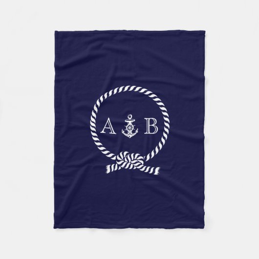 Navy Blue Nautical Rope and Anchor Mit Monogramm Fleecedecke (Vorderseite)