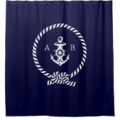 Navy Blue Nautical Rope and Anchor Monogram Duschvorhang (Vorderseite)
