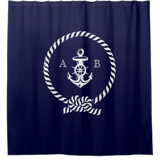 Navy Blue Nautical Rope and Anchor Monogram Duschvorhang (Vorderseite)