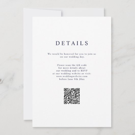 Navy Blue Nautical Simple Elegant Wedding QR Code Einladung (Rückseite)