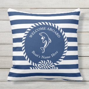 Navy Blue Nautical Strips Dolphin Bootname Kissen