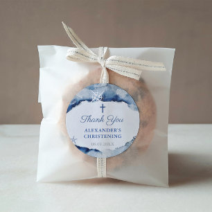 Navy Blue Nautical Taufe Vielen Dank mit Kreuz Quadratischer Aufkleber