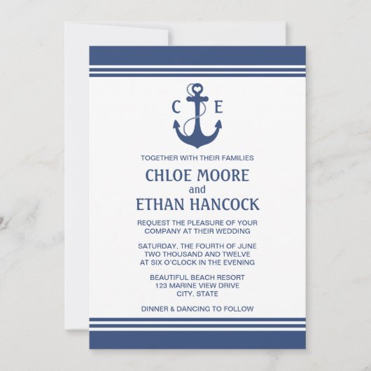 Navy Blue Nautical Wedding Einladungen (Vorderseite)
