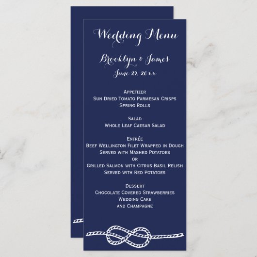 Navy Blue Nautical Wedding Menu Cards Knoten Menükarte (Vorne/Hinten)