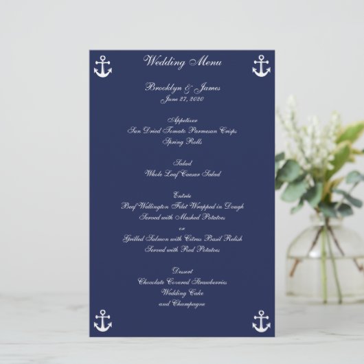 Navy Blue Nautical Wedding Menu Custom Flyer (Stehend Vorderseite)