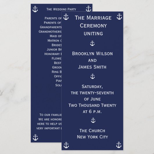Navy Blue Nautical Wedding Programme (Vorne/Hinten)