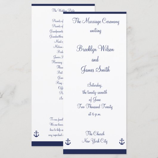 Navy Blue Nautical Wedding Programme (Vorne/Hinten)