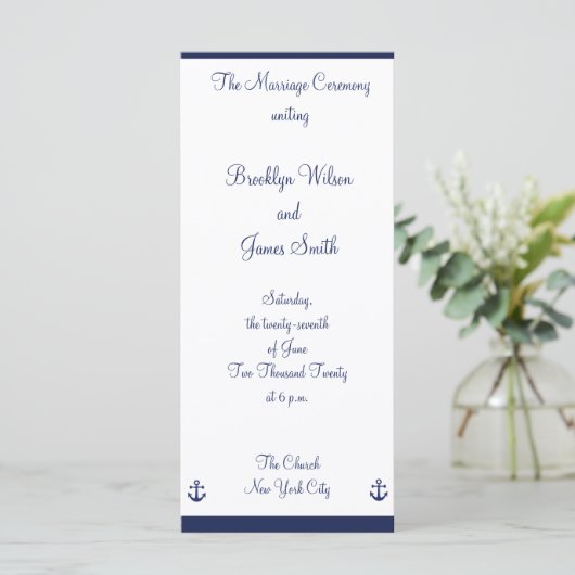 Navy Blue Nautical Wedding Programme (Stehend Vorderseite)