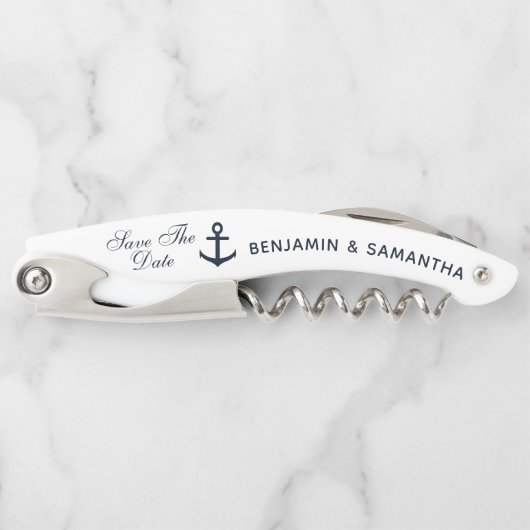 Navy Blue Nautical Wedding rettet das Datum Kellnermesser (Vorderseite)