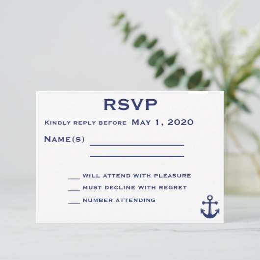 Navy Blue Nautical Wedding RSVP Card mit Anker (Stehend Vorderseite)