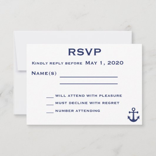 Navy Blue Nautical Wedding RSVP Card mit Anker Karte (Vorderseite)