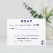 Navy Blue Nautical Wedding RSVP Card mit Anker Karte (Stehend Vorderseite)