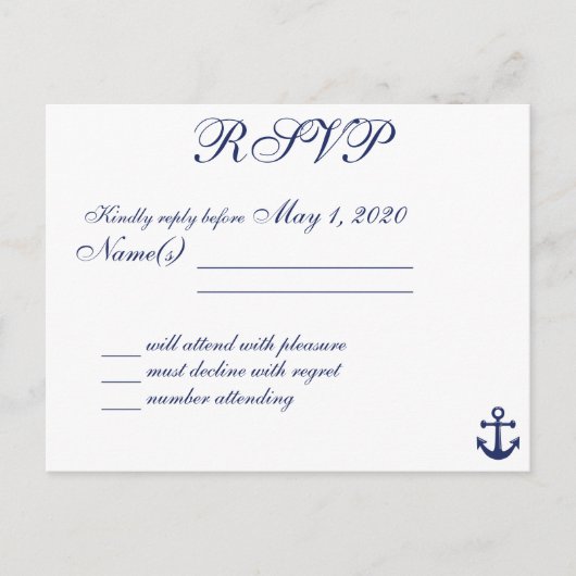 Navy Blue Nautical Wedding RSVP Postkartennamen Einladungspostkarte (Vorderseite)