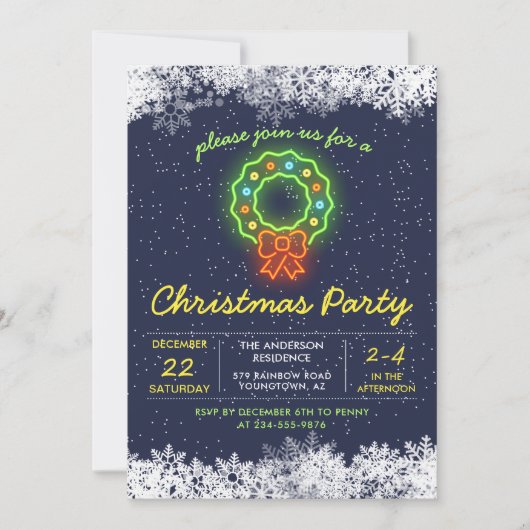 Navy Blue Neon Snowflake Weihnachtsfeier Einladung (Vorderseite)