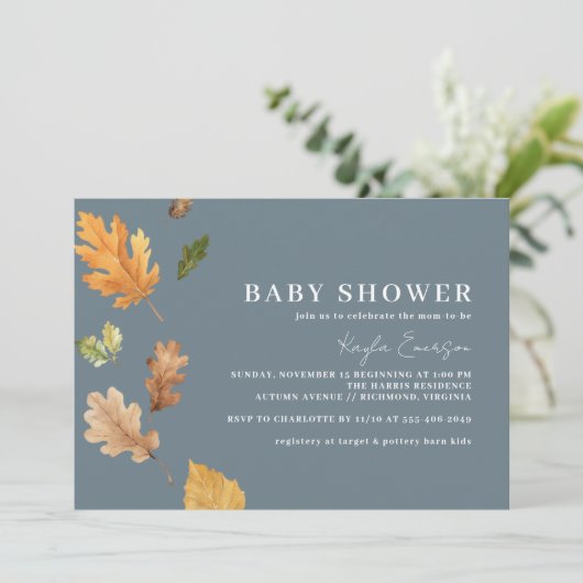 Navy Blue Neutral Fall Leaf Horizontal Baby Shower Einladung (Stehend Vorderseite)