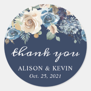 Navy Blue Neutral Rustic Floral Vielen Dank Runder Aufkleber