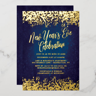 Navy Blue New Year's Eve Party Gold Confetti Folieneinladung