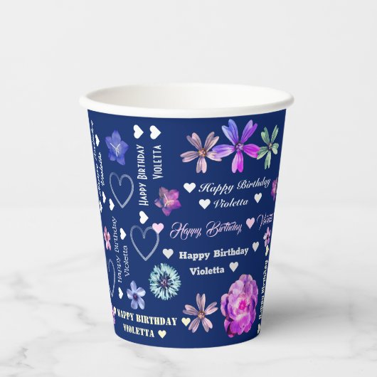 Navy Blue Niedlich Girly Floral Name Happy Birthda Pappbecher (Vorderseite)