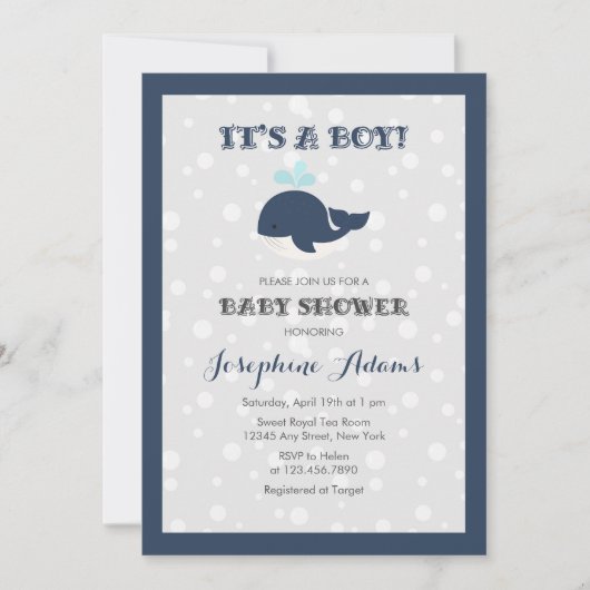 Navy Blue Ocean Whale Baby Dusche Einladung (Vorderseite)