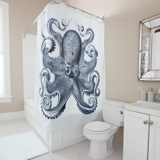 Navy Blue Octopus Illustration von Ernst Haeckel Duschvorhang (Beispiel)