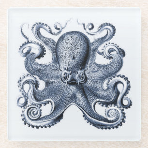Navy Blue Octopus Illustration von Ernst Haeckel Glasuntersetzer