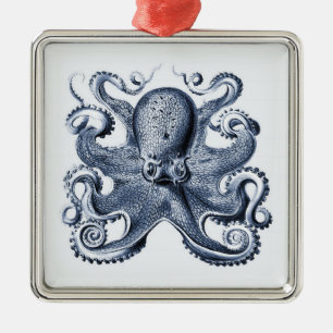 Navy Blue Octopus Illustration von Ernst Haeckel Ornament Aus Metall