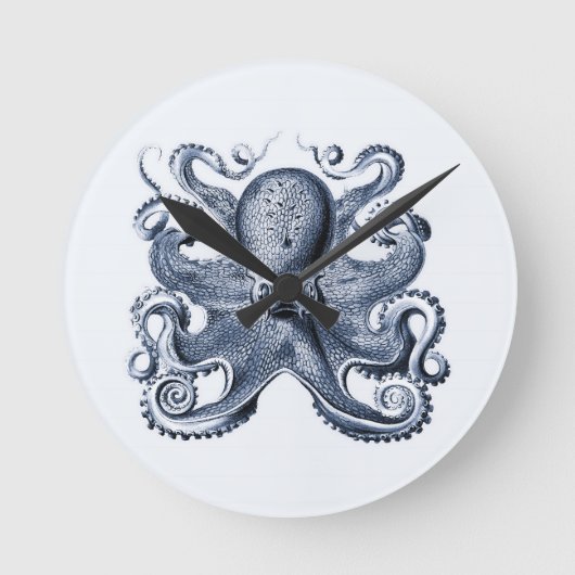 Navy Blue Octopus Illustration von Ernst Haeckel Runde Wanduhr (Vorderseite)