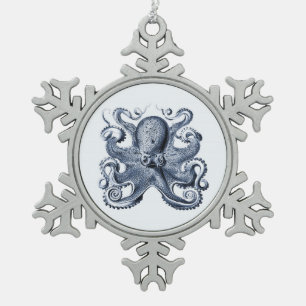 Navy Blue Octopus Illustration von Ernst Haeckel Schneeflocken Zinn-Ornament