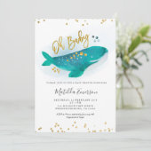 Navy Blue Oh Baby Whale Baby Dusche Einladung (Stehend Vorderseite)