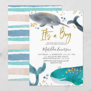 Navy Blue Oh Baby Whale Baby Dusche Einladung