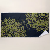 Navy Blue & Olive Green Mandala Blume Strandtuch (Vorderseite)