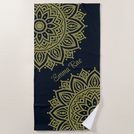 Navy Blue & Olive Green Mandala Blume Strandtuch (Vorderseite)