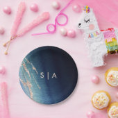 Navy Blue Ombre Agate & Rose Gold Wedding Monogram Pappteller (Party)