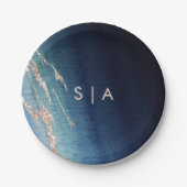 Navy Blue Ombre Agate & Rose Gold Wedding Monogram Pappteller (Vorderseite)