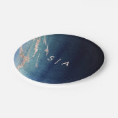 Navy Blue Ombre Agate & Rose Gold Wedding Monogram Pappteller (Schrägansicht)