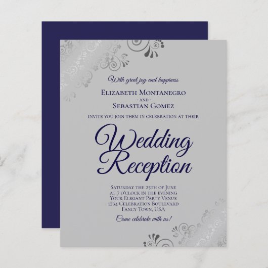 Navy Blue on Gray BUDGET Hochzeitsempfang Einladun (Vorne/Hinten)
